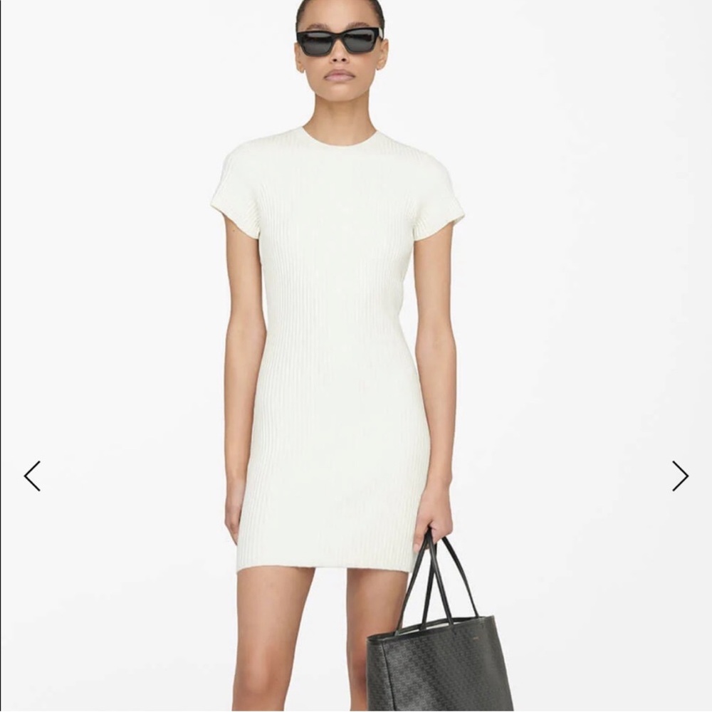 Anine Bing White Skylar Mini Ribbed Short Sleeve Sweater Dress Medium